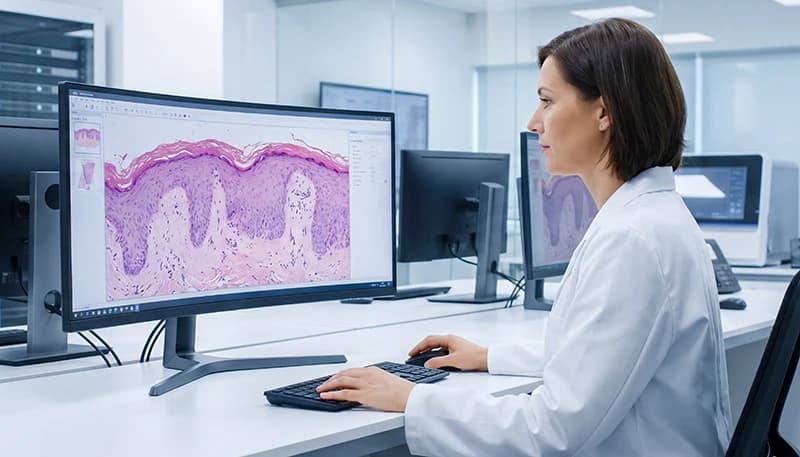 Pathologist reviewing cases